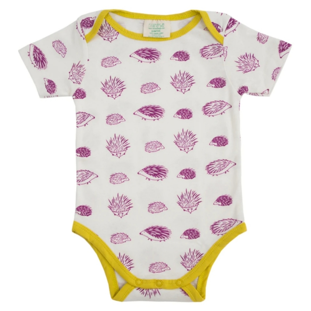 Mirasa hedgehog organic cotton body suit purple cream yellow. Size 9-12 months